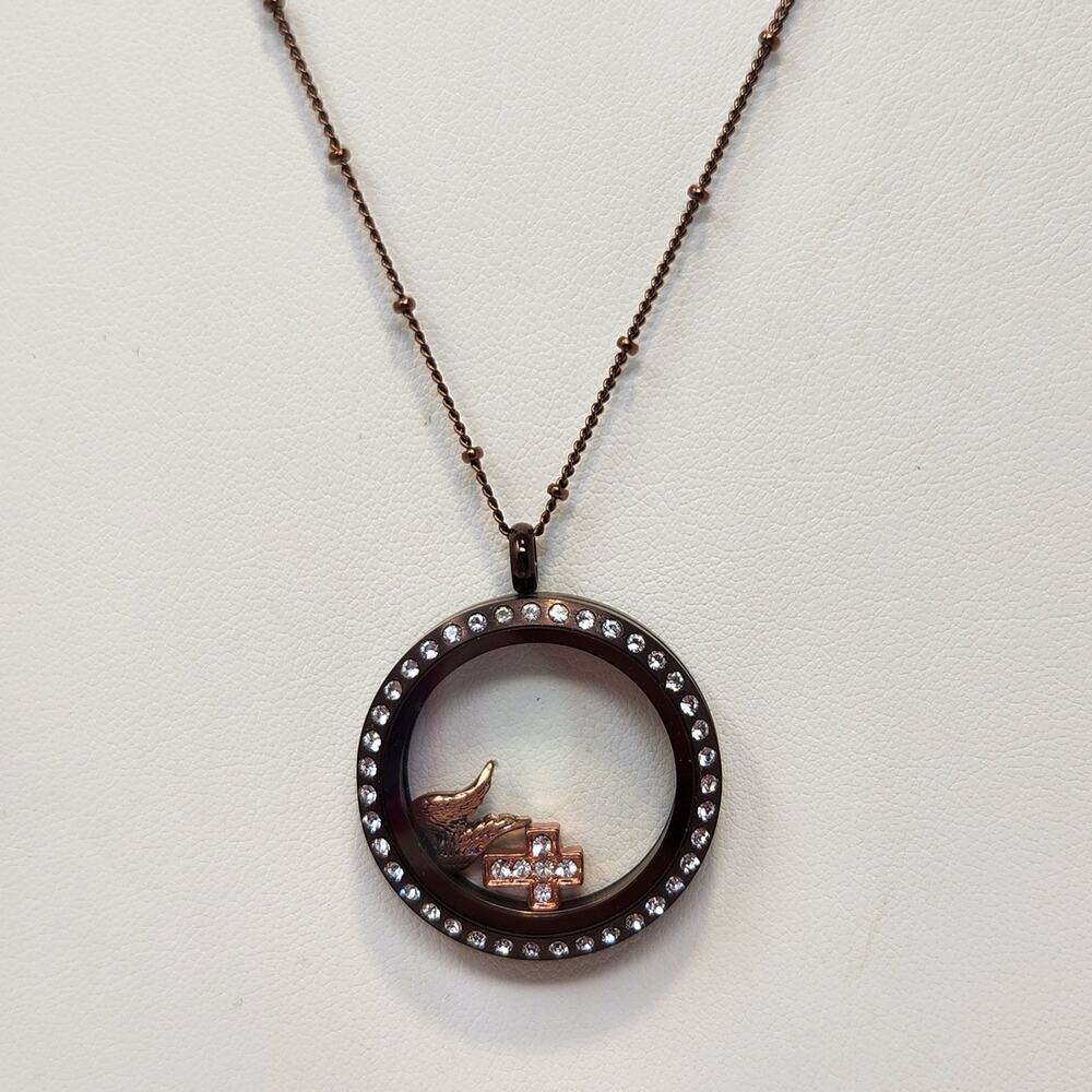 Origami Owl Brown Living Locket Chain Necklace Clear Crystal Ring Angel Cross